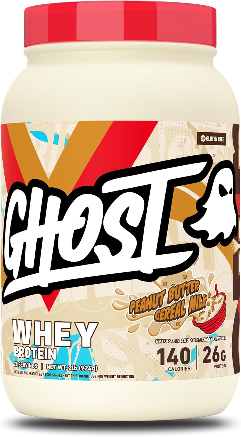 GHOST Whey Protein Powder, Peanut Butter Cereal Milk - 2LB, 26G of Protein - Whey Protein Blend - ­Post Workout Fitness & Nutrition Shakes, Smoothies, Baking & Cooking - Soy & Gluten-Free
