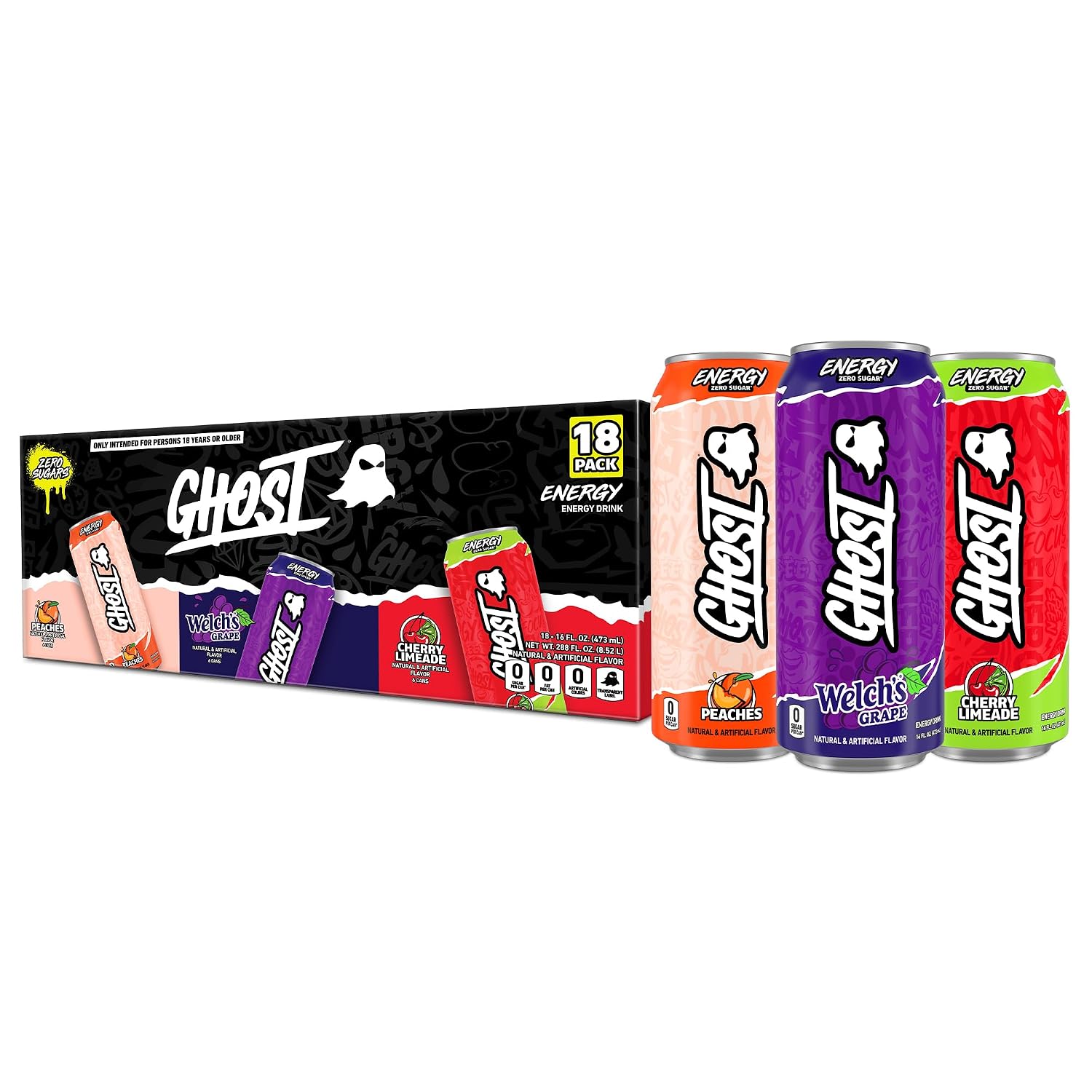 GHOST Energy Drink - 18-Pack, Variety Pack, 16oz Cans - Energy & Focus & No Artificial Colors - 200mg of Natural Caffeine, L-Carnitine & Taurine - Gluten-Free & Vegan