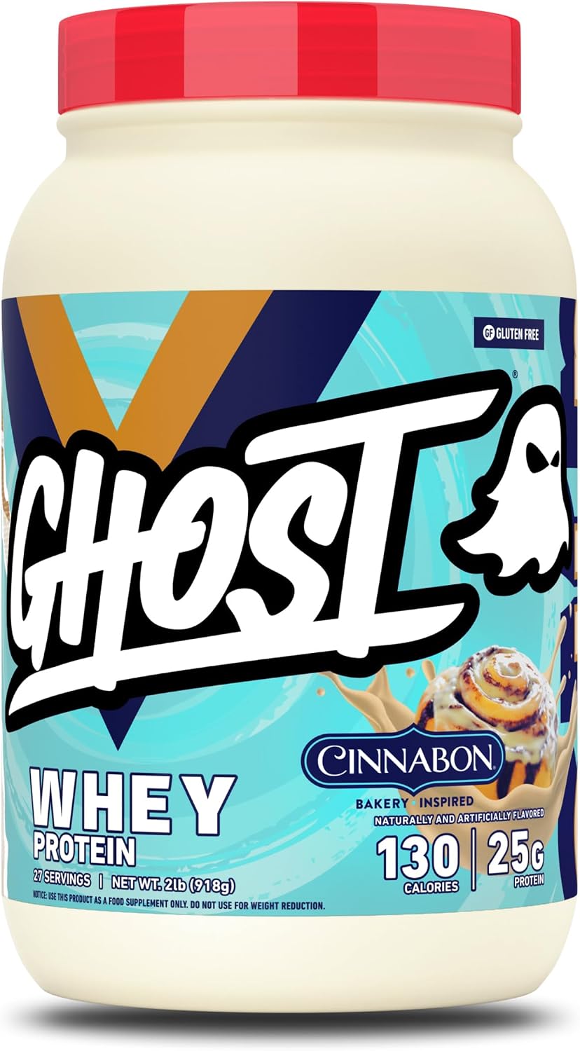 GHOST Whey Protein Powder, Cinnabon - 2LB, 25G of Protein - Cinnamon Roll Flavored Isolate, Concentrate & Hydrolyzed Whey Protein Blend - Post Workout Shakes - Soy & Gluten Free