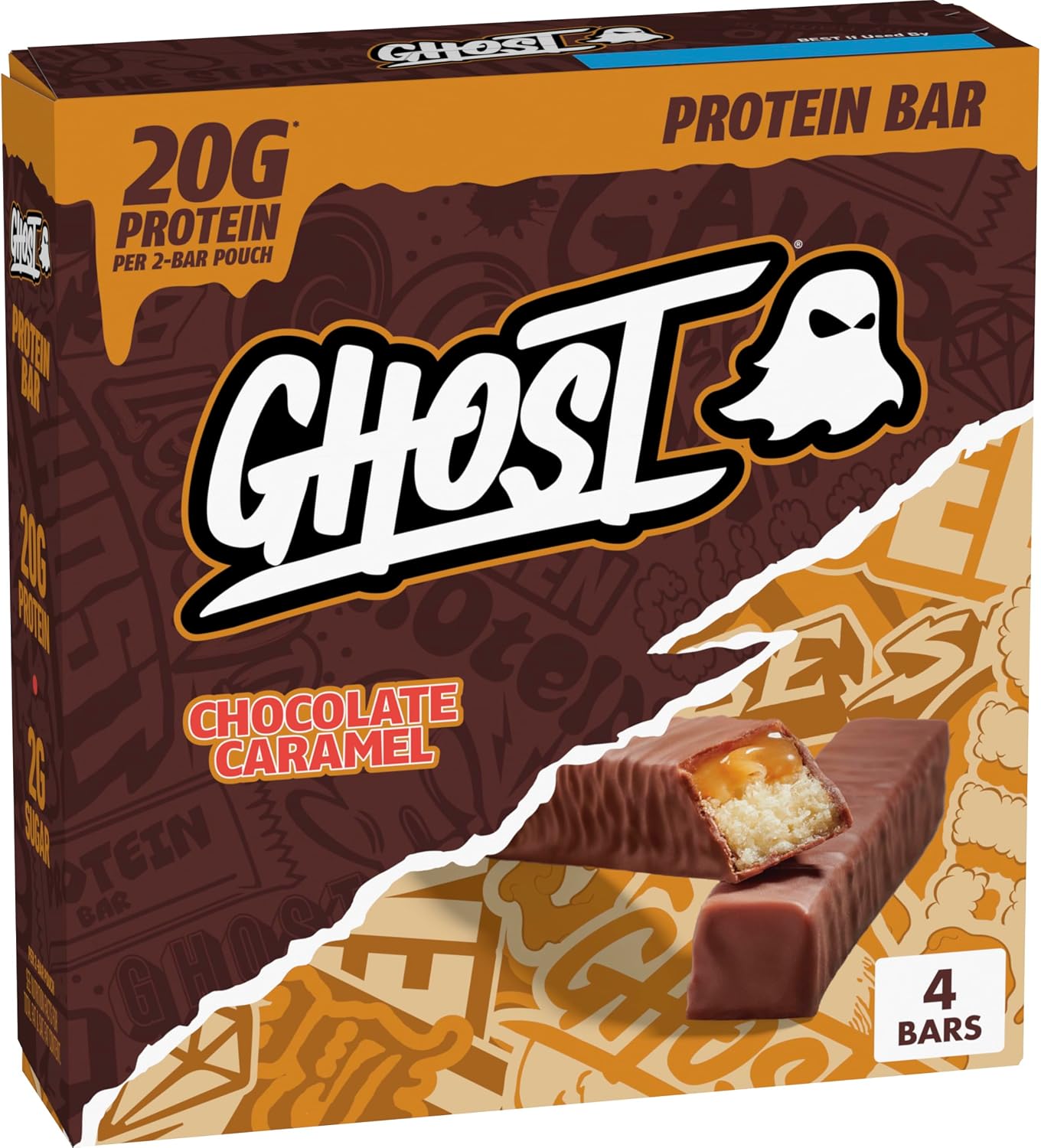 GHOST PROTEIN BAR, CHOCOLATE CARAMEL Flavor, 20G Protein, 2G Sugar, 4 Dual-Bar Packs, 9.2 oz