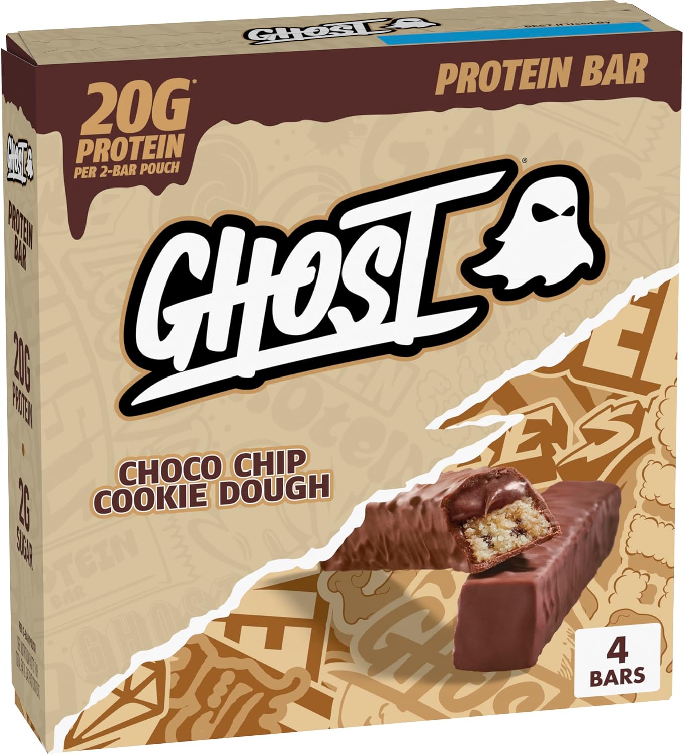 GHOST PROTEIN BAR, CHOCO CHIP COOKIE DOUGH Flavor, 20G Protein, 2G Sugar, 4 Dual-Bar Packs, 9.2 oz