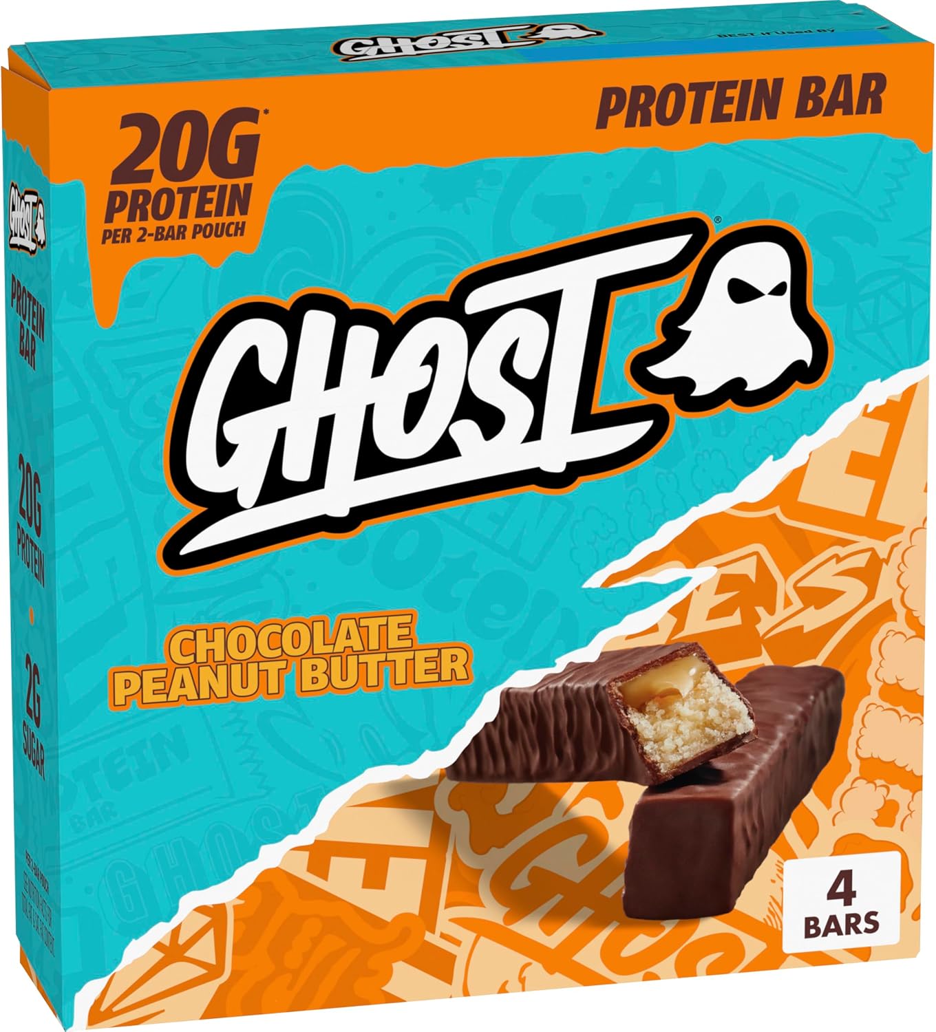 GHOST PROTEIN BAR, CHOCOLATE PEANUT BUTTER Flavor, 20G Protein, 2G Sugar, 4 Dual-Bar Packs, 9.2 oz