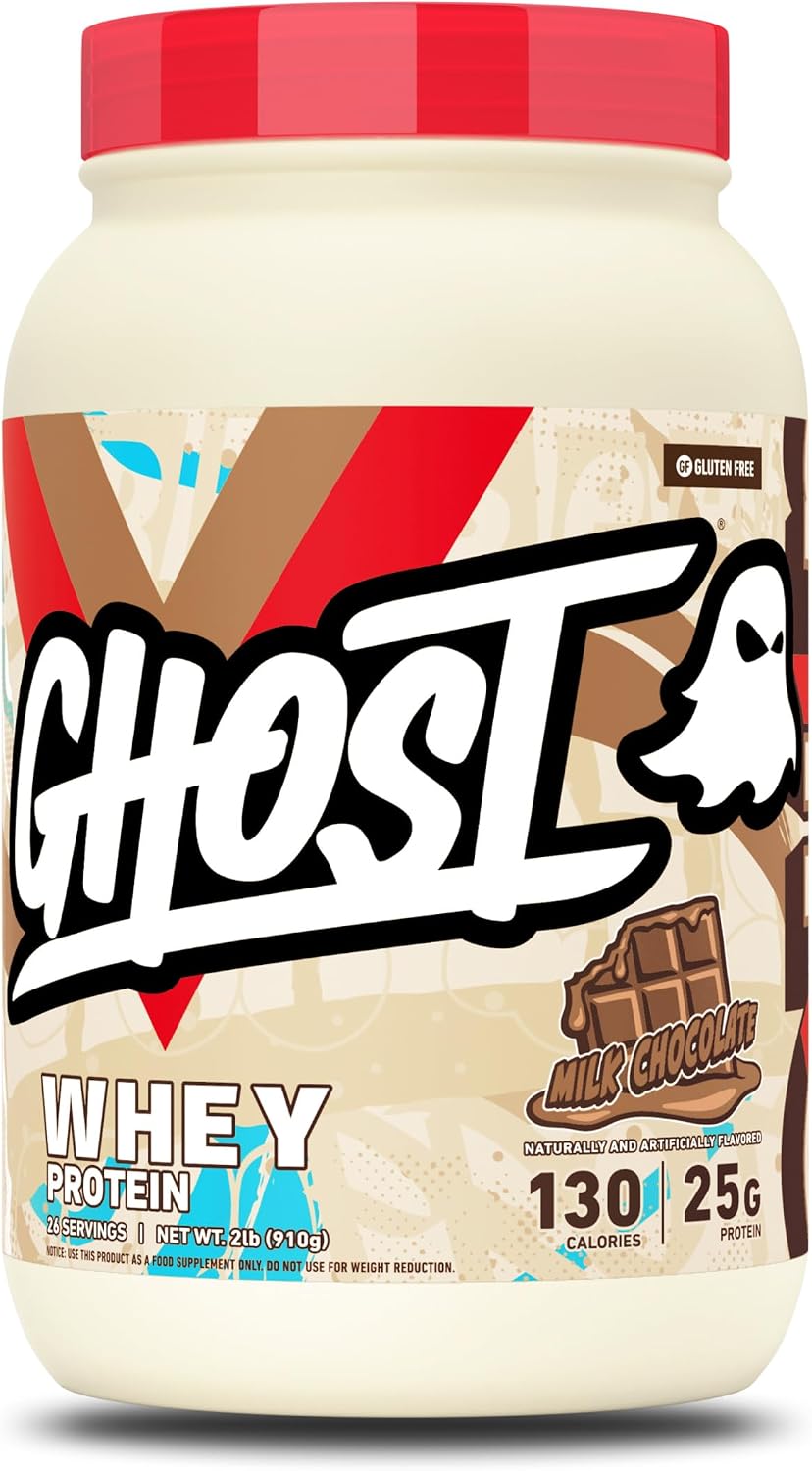 GHOST Whey Protein Powder, Milk Chocolate - 2LB, 25G of Protein - Whey Protein Blend - ­Post Workout Fitness & Nutrition Shakes, Smoothies, Baking & Cooking - Soy & Gluten-Free
