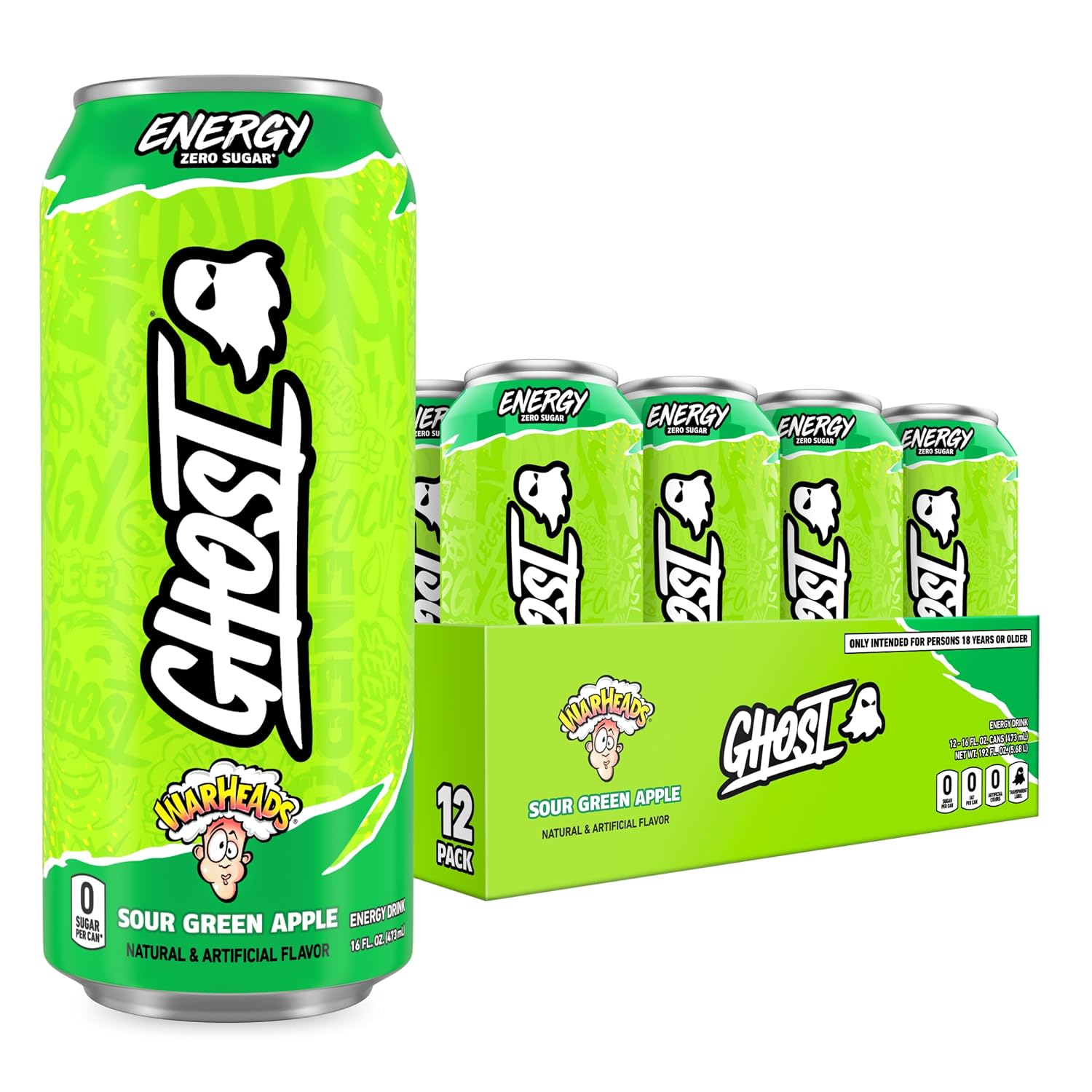 GHOST Energy Drink - 12-Pack, Warheads Sour Green Apple, 16oz - Energy & Focus & No Artificial Colors - 200mg of Natural Caffeine, L-Carnitine & Taurine - Gluten-Free & Vegan