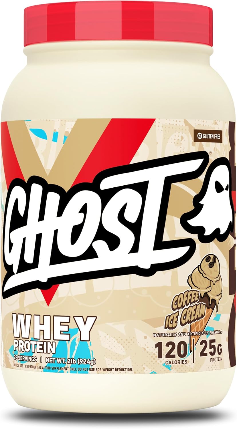 GHOST Whey Protein Powder, Coffee Ice Cream - 2LB, 25G of Protein - Whey Protein Blend - ­Post Workout Fitness & Nutrition Shakes, Smoothies, Baking & Cooking - Soy & Gluten-Free