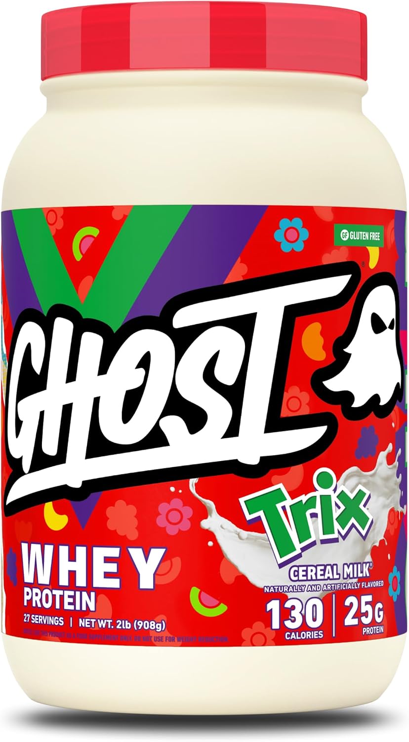 GHOST Whey Protein Powder, Trix Cereal Milk - 2LB, 25G of Protein - Whey Protein Isolate & Concentrate Blend - Post Workout Fitness & Nutrition Shakes, Smoothies & Baking - Soy & Gluten-Free