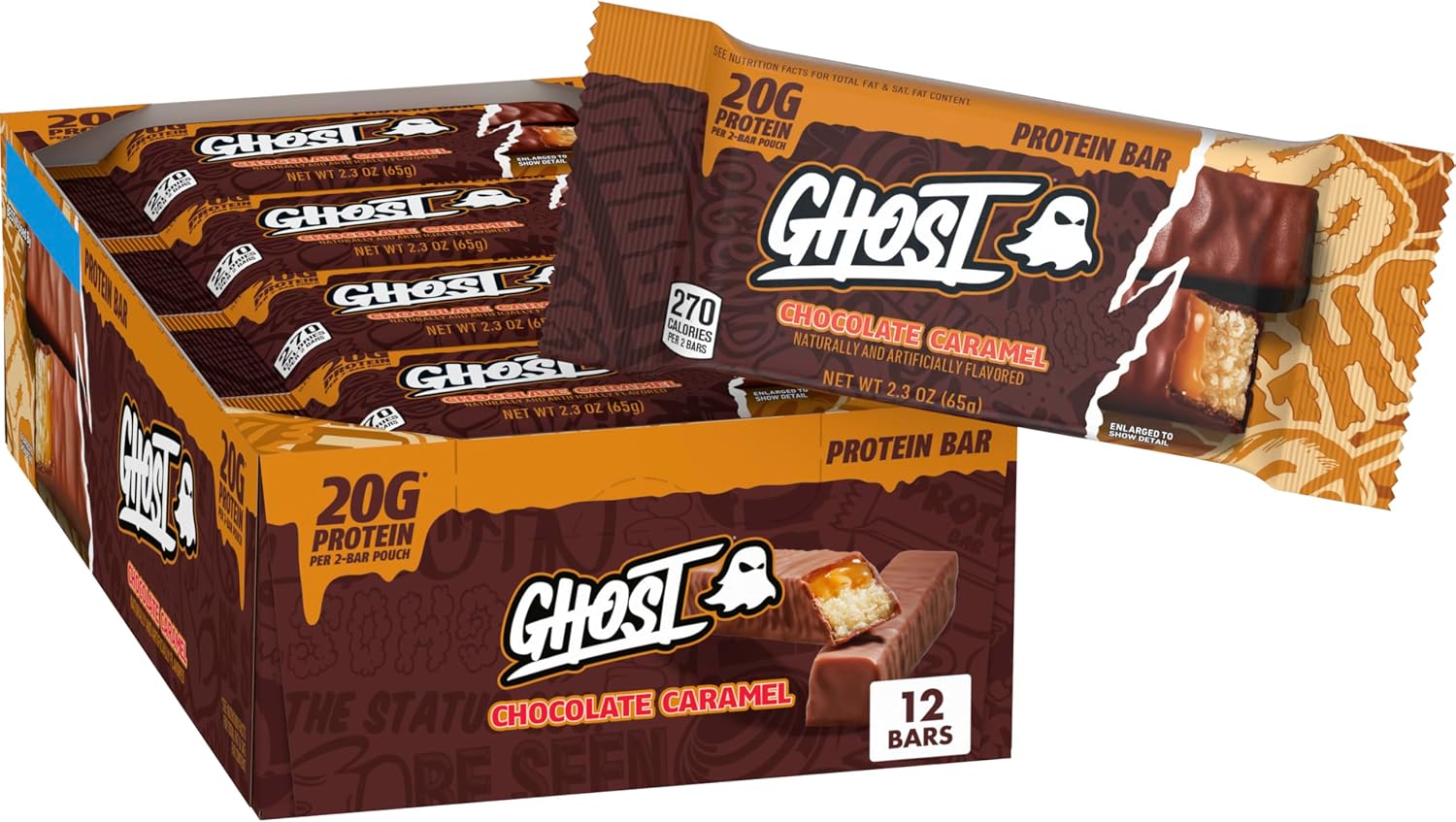 GHOST PROTEIN BAR, CHOCOLATE CARAMEL Flavor, 20G Protein, 2G Sugar, 12 Dual-Bar Packs, 27.6 oz
