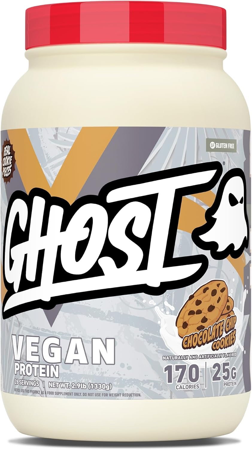 GHOST Vegan V2 Protein Powder, Chocolate Chip Cookies – 2.9LB Tub, 25G of Protein - Plant-Based Pea & Organic Pumpkin Blend Protein with Fiber & Iron - Flavored Post Workout Shakes - Soy, Gluten Free