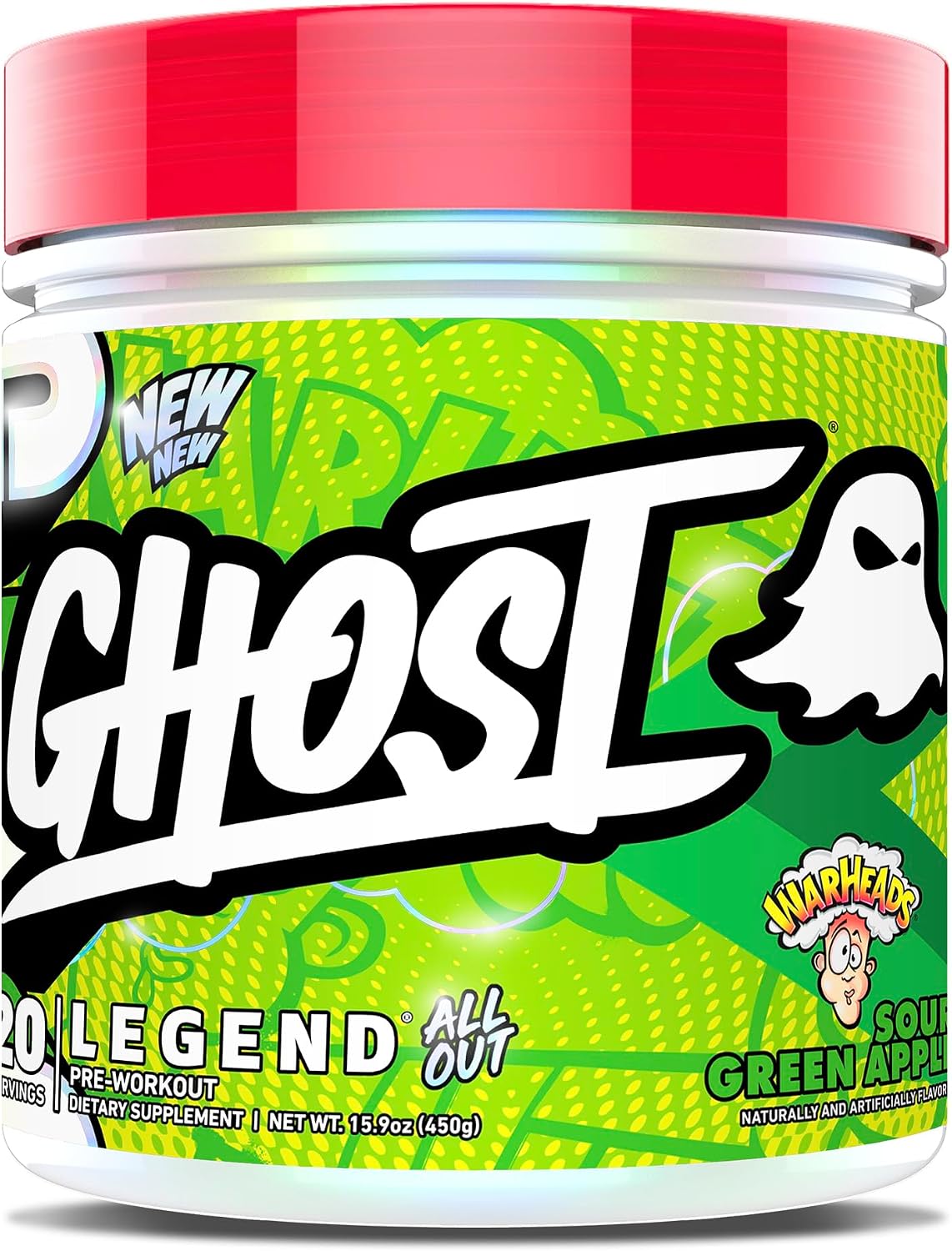 GHOST Legend All Out Pre-Workout Powder, Warheads Sour Green Apple - 20 Servings - Pre-Workout Supplement for Men & Women - Energy & Pumps - Caffeine, Citrulline, Beta Alanine, Betaine & NO3-T