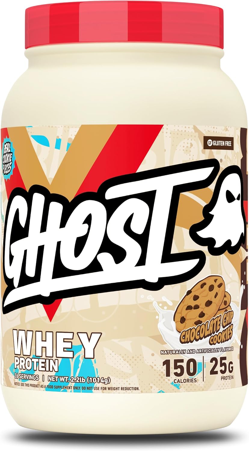 GHOST Whey Protein Powder, Chocolate Chip Cookies - 2LB, 25G of Protein - Whey Protein Isolate & Concentrate Blend - ­Post Workout Fitness & Nutrition Shakes with Real Cookie Pieces - Gluten-Free