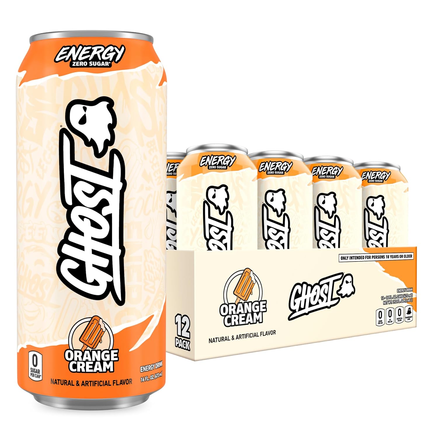 GHOST Energy Drink - 12-Pack, Orange Cream, 16oz Cans - Energy & Focus & No Artificial Colors - 200mg of Natural Caffeine, L-Carnitine & Taurine - Gluten-Free & Vegan