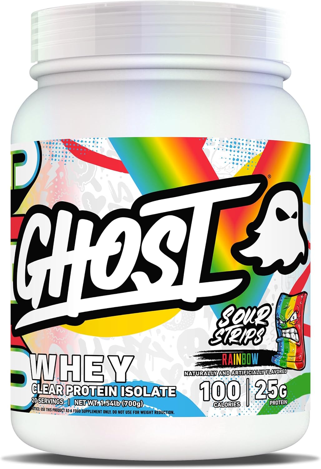 GHOST Clear Whey Isolate Protein Powder, Sour Strips - 1.54 LB Tub, 25G of Whey Protein - Post Workout Drink for Muscle Gain & Recovery – Sugar Free, Soy Free & Zero Fat, 20 Servings