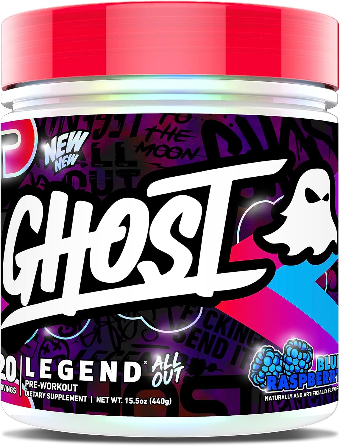 GHOST Legend All Out Pre-Workout Powder, Blue Raspberry - 20 Servings - Pre-Workout Supplement for Men & Women - Energy & Pumps - Caffeine, Citrulline, Beta Alanine, Betaine, NO3-T - Sugar Free