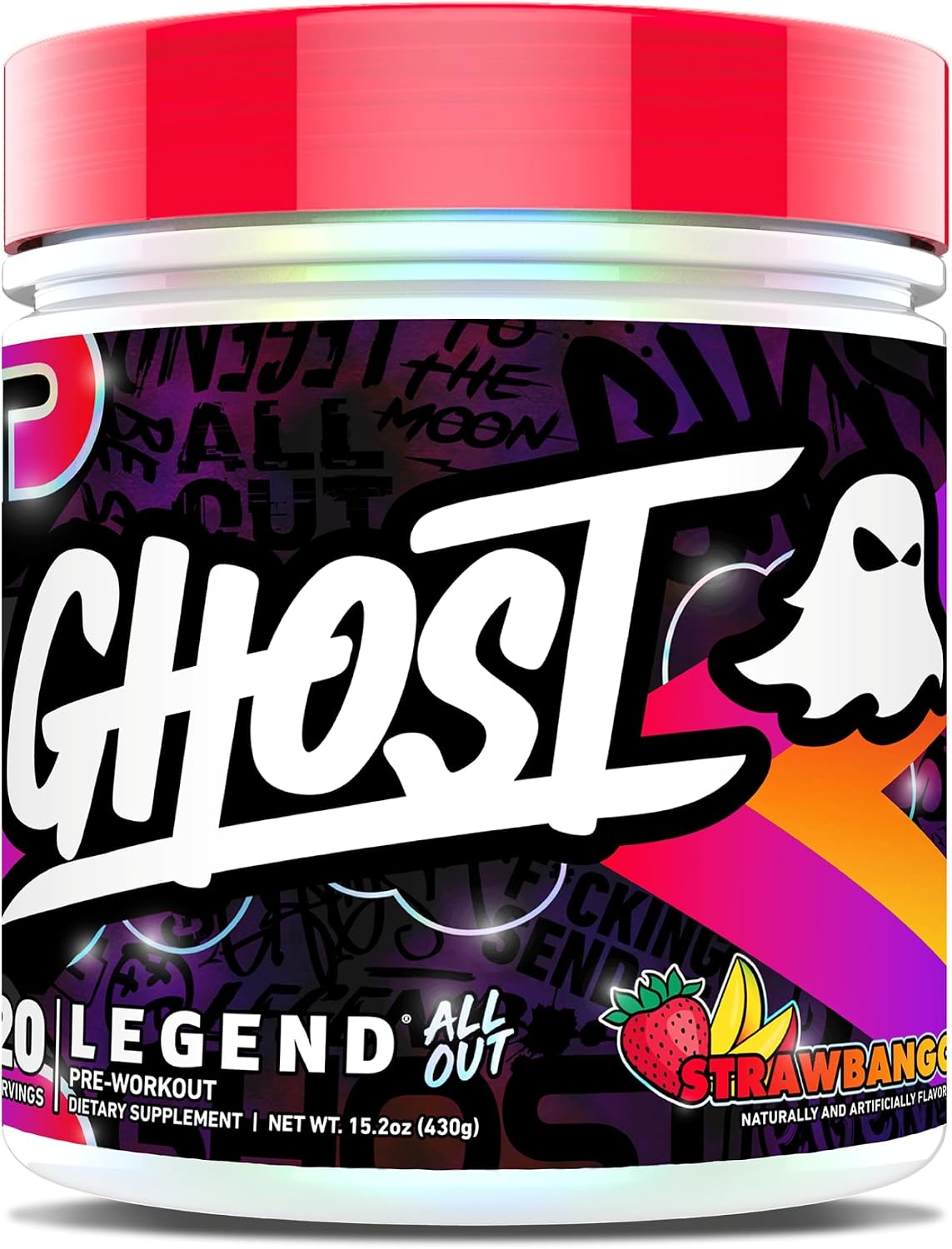 GHOST Legend All Out Pre-Workout Powder, Strawbango - 20 Servings - Preworkout Drink Mix Supplement for Men & Women - Energy & Pumps - Caffeine, Beta Alanine, Betaine, NO3-T- Sugar Free