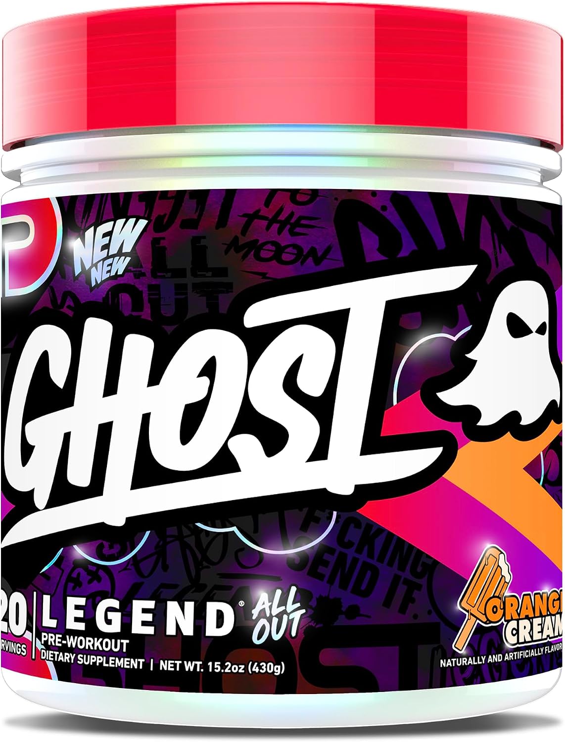 GHOST Legend All Out Pre-Workout Powder, Orange Cream - 20 Servings - Pre-Workout Supplement for Men & Women - Energy & Pumps - Caffeine, Citrulline, Beta Alanine, Betaine, NO3-T Sugar Free