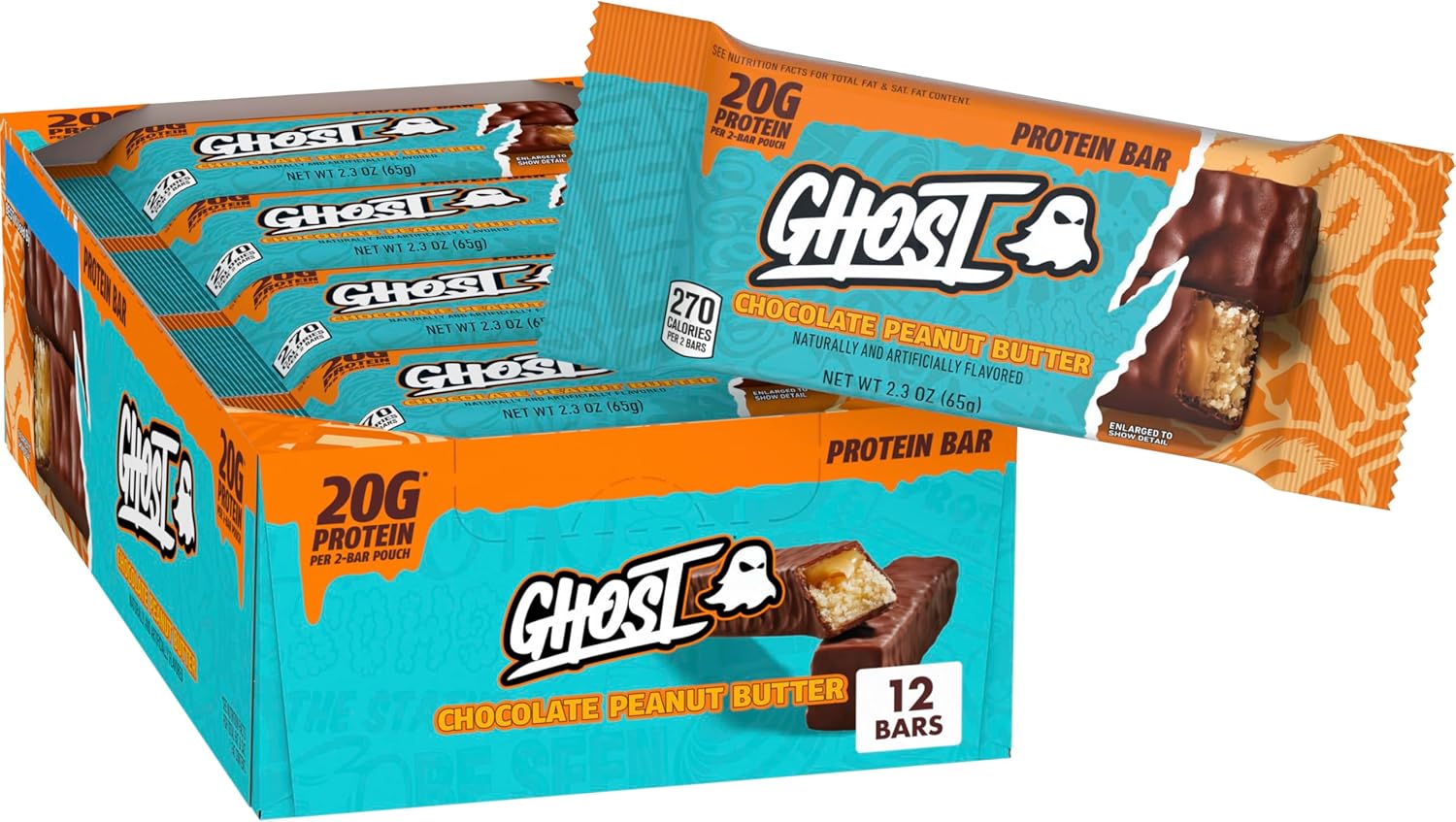 GHOST PROTEIN BAR, CHOCOLATE PEANUT BUTTER Flavor, 20G Protein, 2G Sugar, 12 Dual-Bar Packs, 27.6 oz