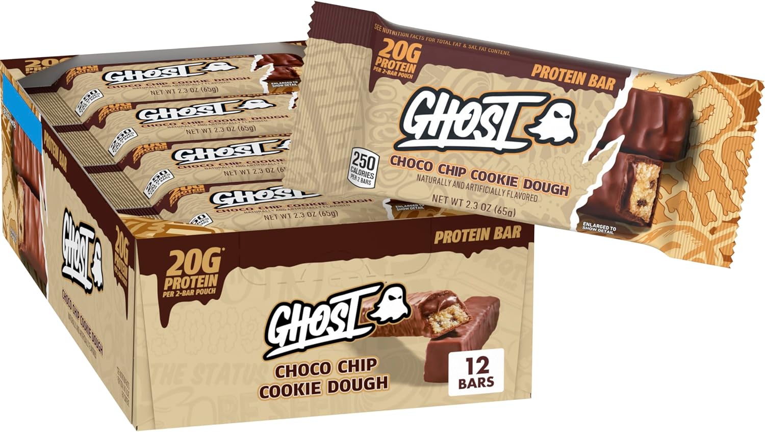 GHOST PROTEIN BAR, CHOCO CHIP COOKIE DOUGH Flavor, 20G Protein, 2G Sugar, 12 Dual-Bar Packs, 27.6 oz