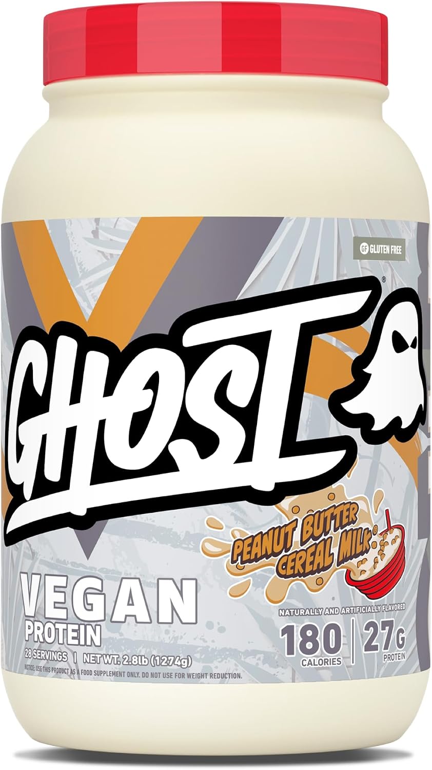 GHOST Vegan V2 Protein Powder, Peanut Butter Cereal Milk – 2.8LB Tub, 27G of Protein - Plant-Based Pea & Organic Pumpkin Blend Protein with Fiber & Iron Flavored Post Workout Shakes - Soy, Gluten Free