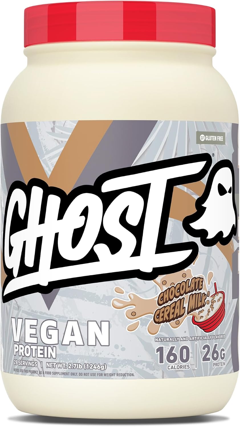 GHOST Vegan V2 Protein Powder, Chocolate Cereal Milk – 2.7LB Tub, 26G of Protein - Plant-Based Pea & Organic Pumpkin Blend Protein with Fiber & Iron - Flavored Post Workout Shakes - Soy & Gluten Free