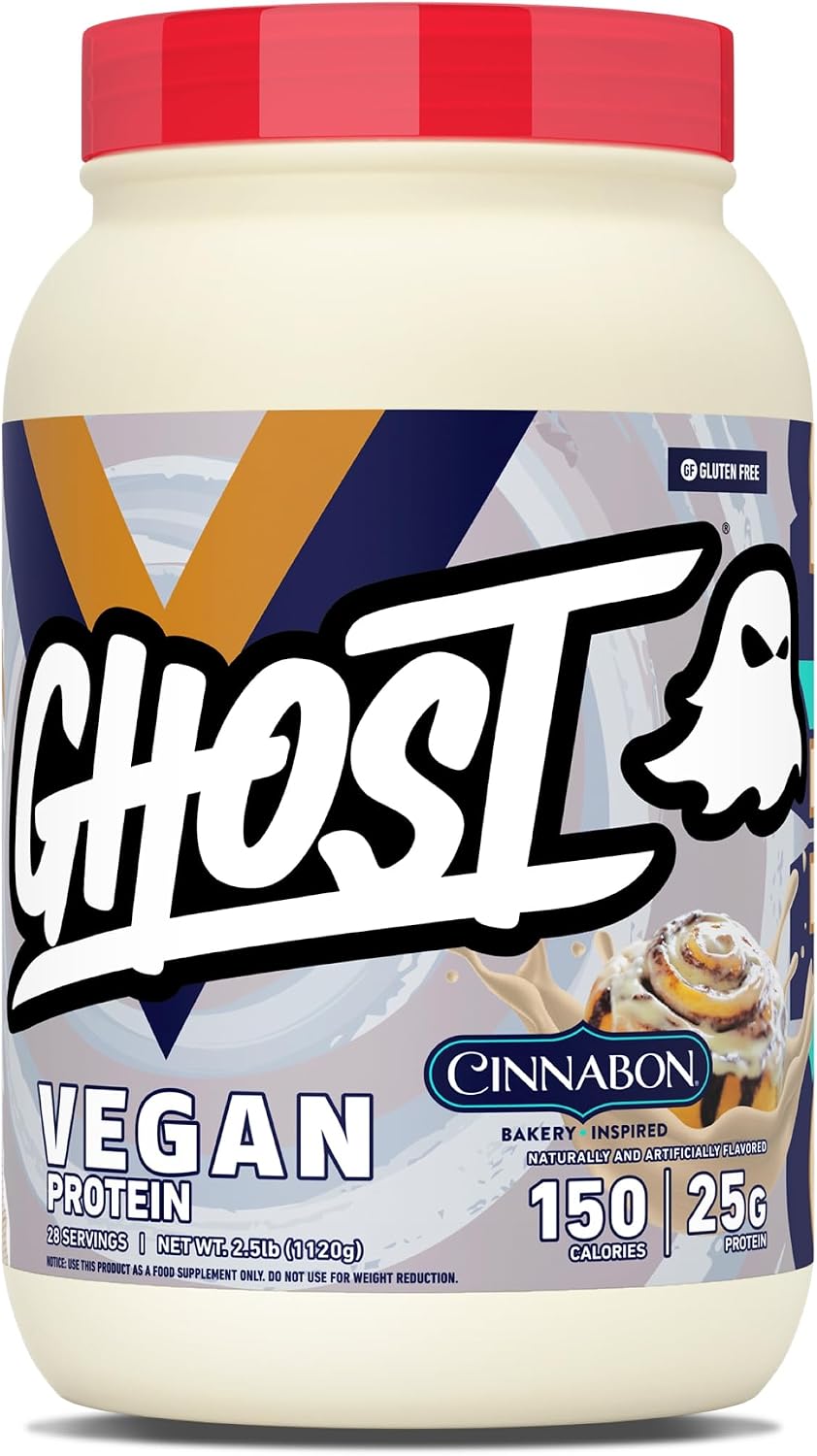 GHOST Vegan V2 Protein Powder, Cinnabon – 2.5LB Tub, 25G of Protein - Plant-Based Pea & Organic Pumpkin Blend Protein with Fiber & Iron ­- Flavored Post Workout Shakes - Soy & Gluten Free