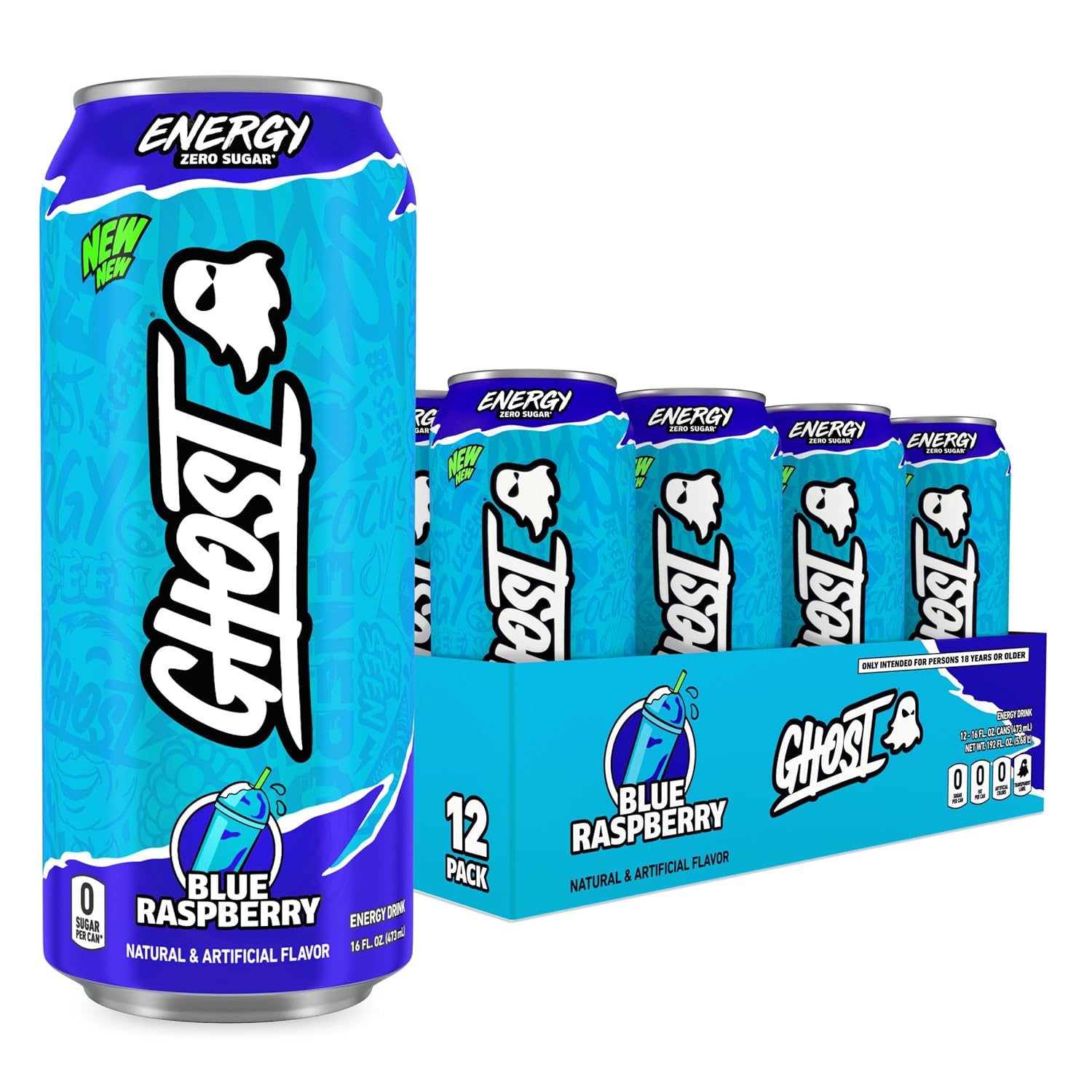 GHOST Energy Drink - 12-Pack, Blue Raspberry, 16oz Cans - Energy & Focus & No Artificial Colors - 200mg of Natural Caffeine, L-Carnitine & Taurine - Gluten-Free & Vegan