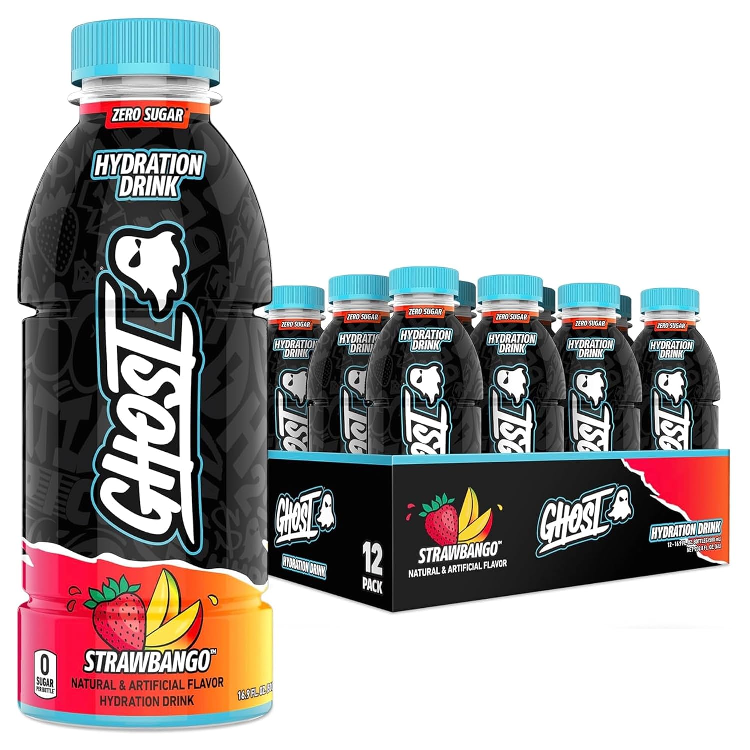 GHOST Hydration Drink, Strawbango - RTD Sports Drink with Electrolytes, Natural Vitamins & Minerals - All Day Lifestyle Hydration Beverage - Zero Caffeine & Zero Sugars - 16.9 Fl Oz, 12 Pack
