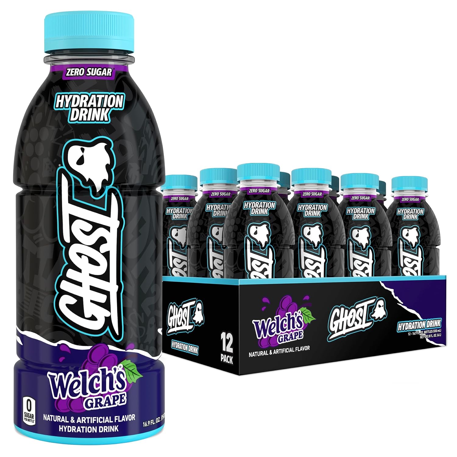 GHOST Hydration Drink, Welch's Grape - RTD Sports Drink with Electrolytes, Natural Vitamins & Minerals - All Day Lifestyle Hydration Beverage - Zero Caffeine & Zero Sugars - 16.9 Fl Oz, 12 Pack