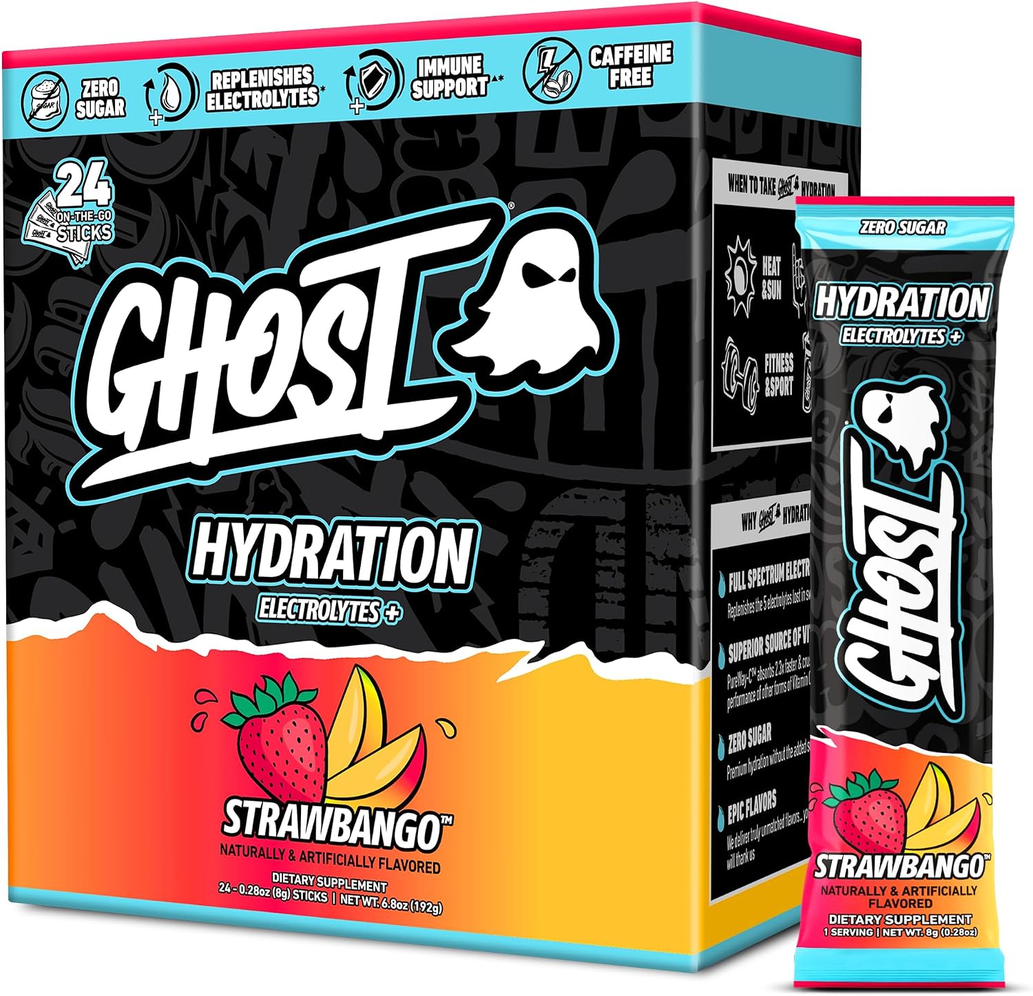 GHOST Hydration Sticks, Electrolyte Powder Packets, Strawbango - 24 Sugar Free Instant Electrolyte Drink Mix - Caffeine-Free Daily Hydration & Immune Support with Clean Formula