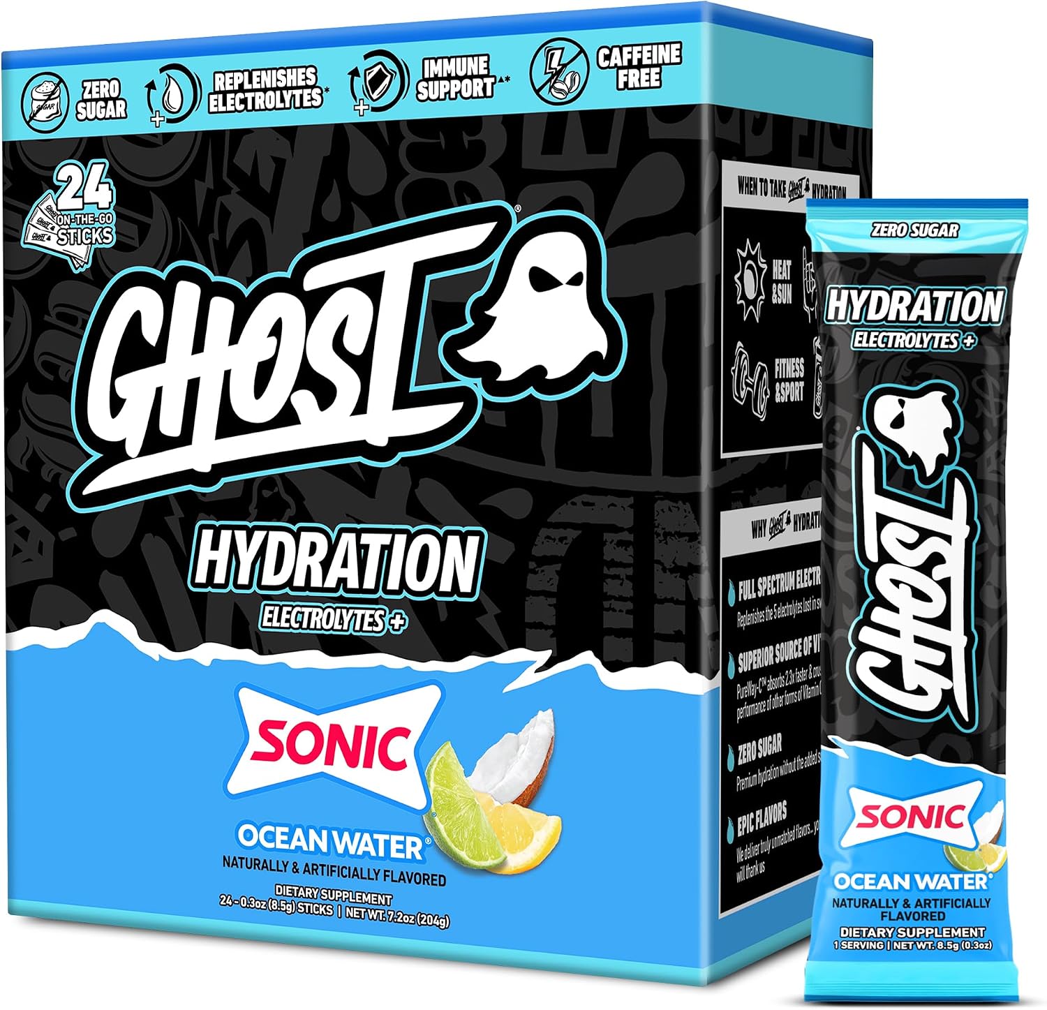 GHOST Hydration Sticks, Electrolyte Powder Packets, Sonic Ocean Water - 24 Sugar Free Instant Electrolyte Drink Mix - Caffeine-Free Daily Hydration & Immune Support with Clean Formula