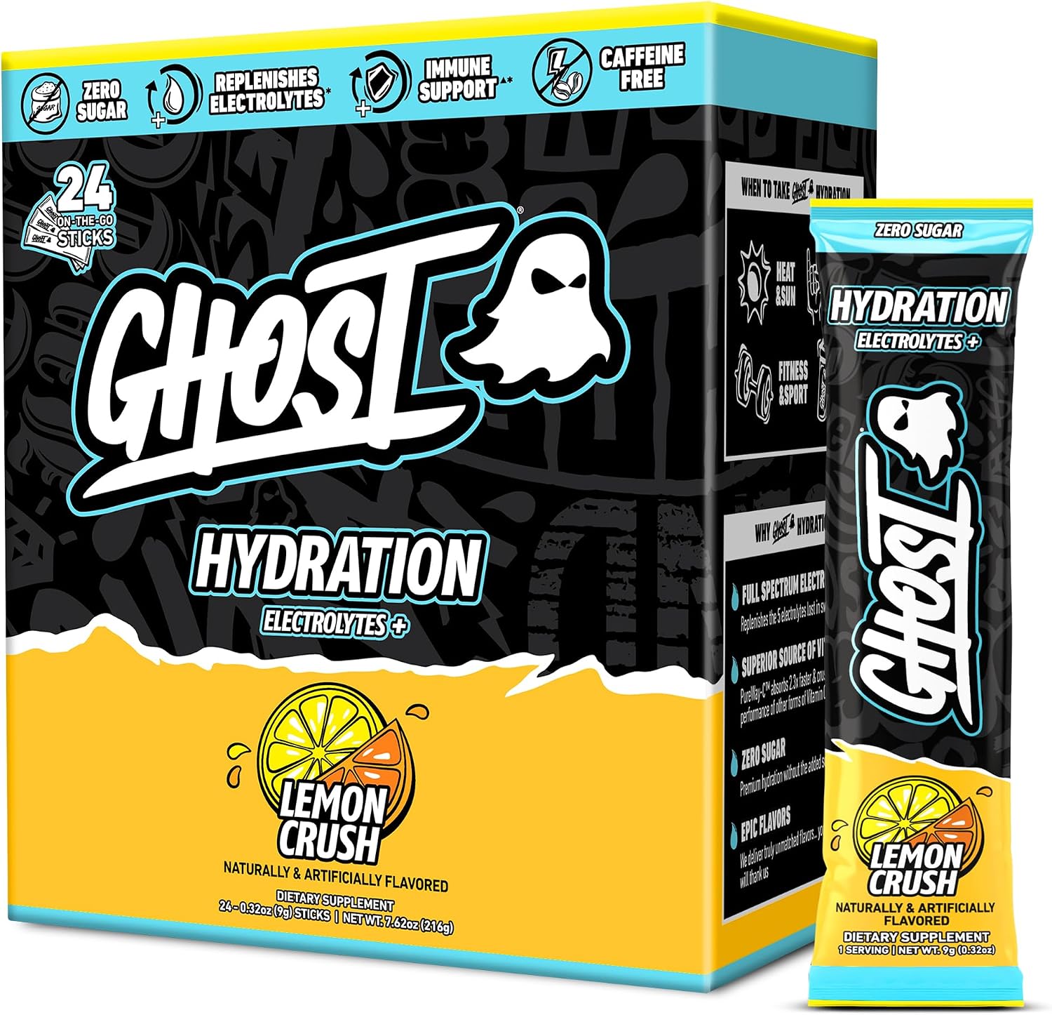 GHOST Hydration Sticks, Electrolyte Powder Packets, Lemon Crush - 24 Sugar Free Instant Electrolyte Drink Mix - Caffeine-Free Daily Hydration & Immune Support with Clean Formula