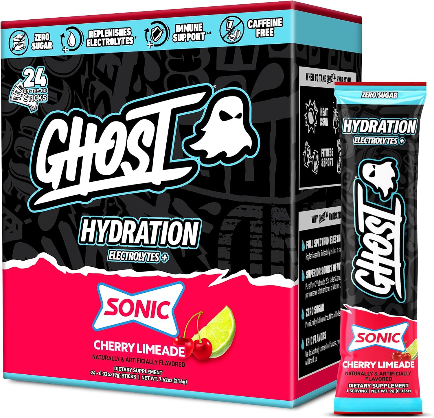 GHOST Hydration Sticks, Electrolyte Powder Packets, Sonic Cherry Limeade - 24 Sugar Free Instant Electrolyte Drink Mix - Caffeine-Free Daily Hydration & Immune Support with Clean Formula