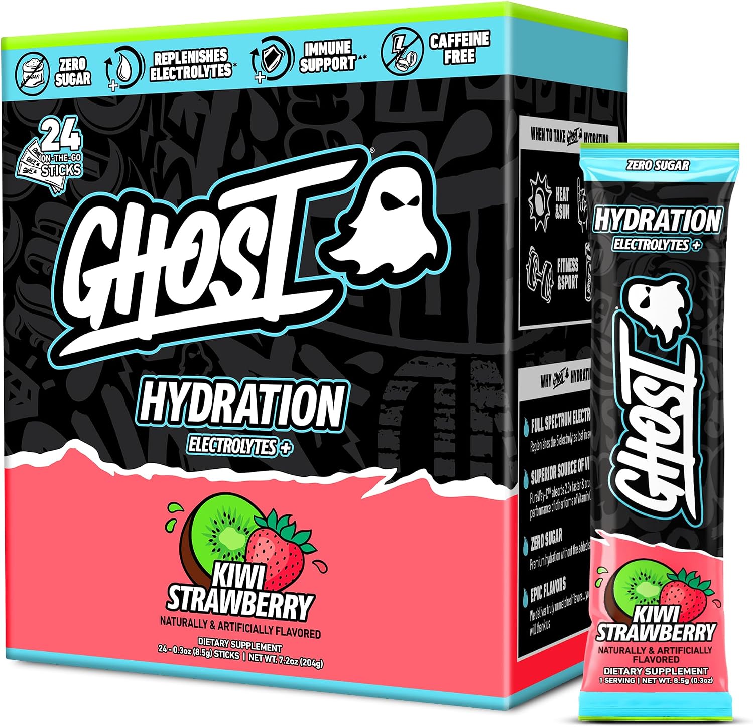GHOST Hydration Sticks, Electrolyte Powder Packets, Kiwi Strawberry - 24 Sugar Free Instant Electrolyte Drink Mix - Caffeine-Free Daily Hydration & Immune Support with Clean Formula