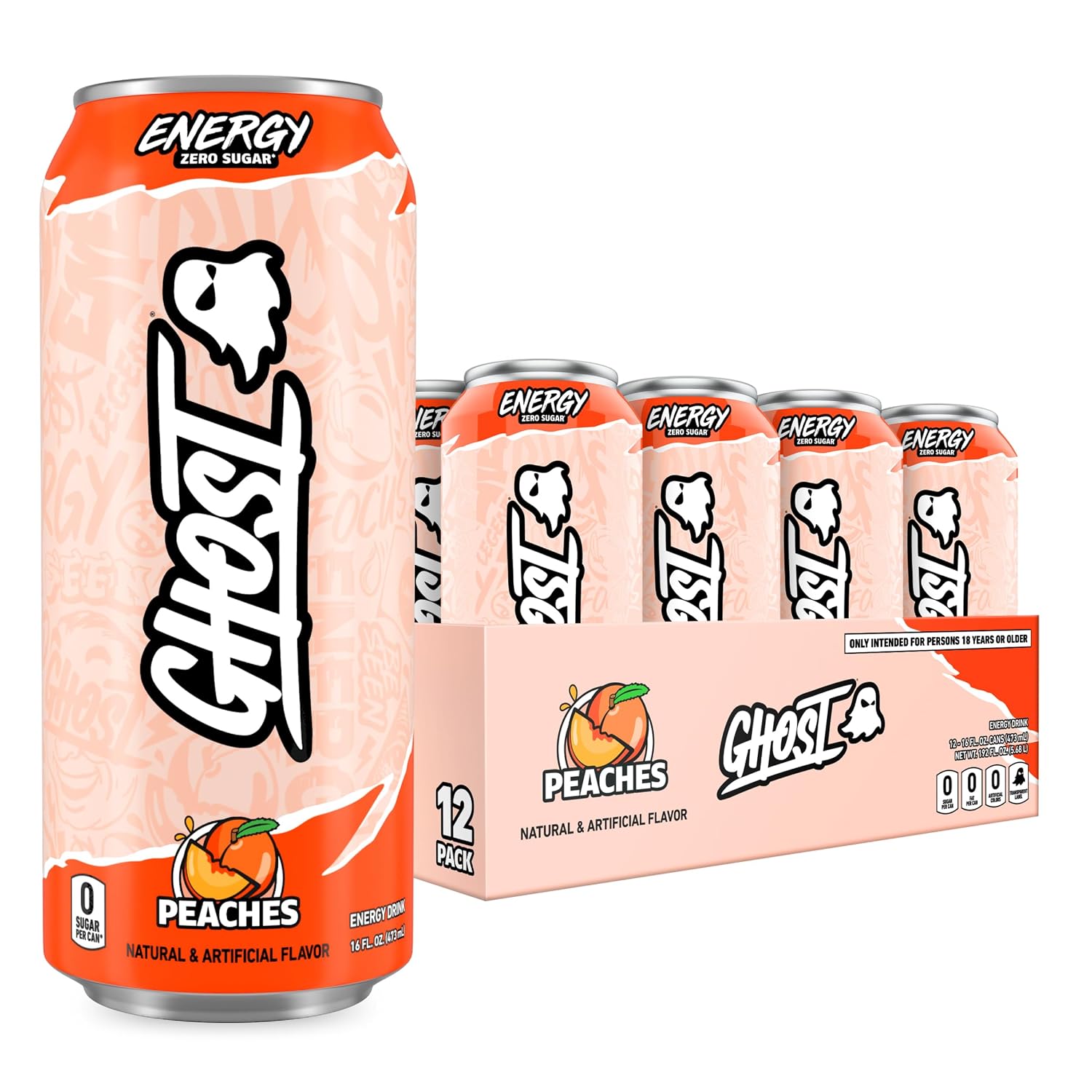 GHOST Energy Drink - 12-Pack, Peaches, 16oz - Energy & Focus & No Artificial Colors - 200mg of Natural Caffeine, L-Carnitine & Taurine - Gluten-Free & Vegan